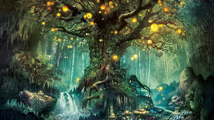 Волшебный лес, дерево, огни, креативный дизайн, магия, лес, дерево, огни, креатив, дизайн, HD обои