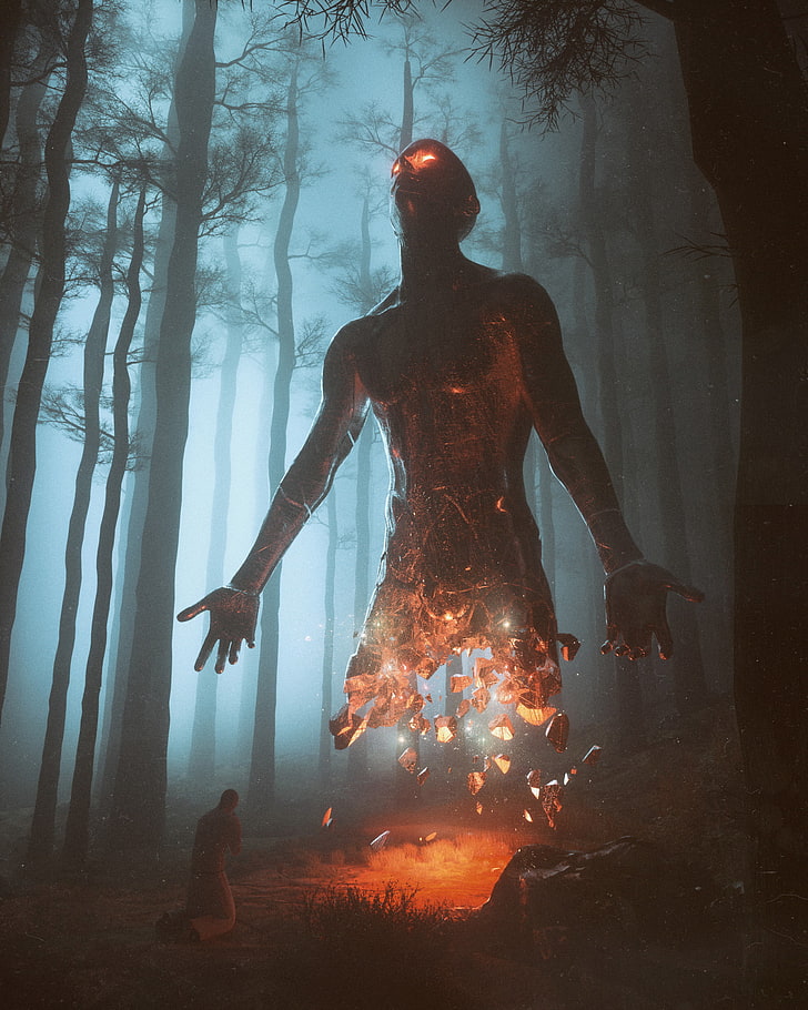 statua e uomo nella foresta illustrazione, beeple, arte digitale, 3D, foresta, notte, Sfondo HD, sfondo telefono