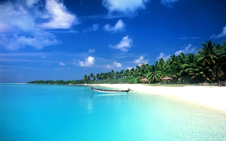 синий пляж, лодка, HD обои