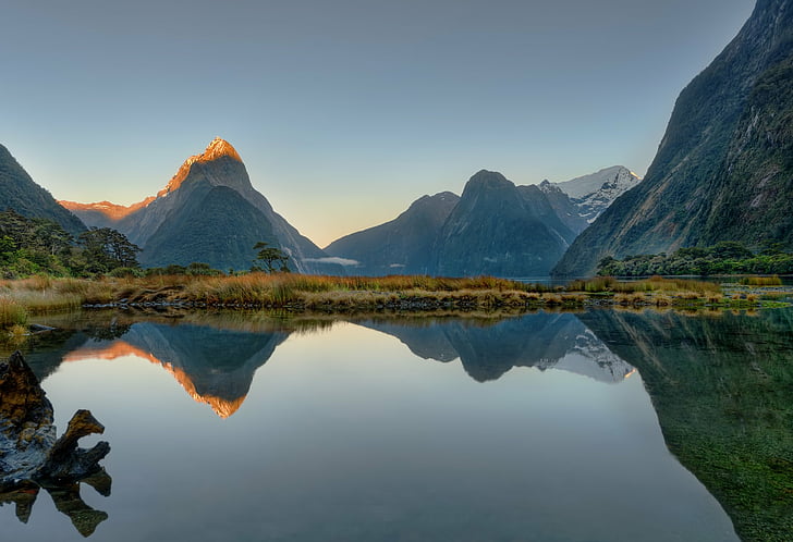 Erde, Milford Sound, Aotearoa, Fjord, Mitre Peak, Morgen, Berg, Neuseeland, Gipfel, Spiegelung, Südinsel (Neuseeland), Südalpen, HD-Hintergrundbild