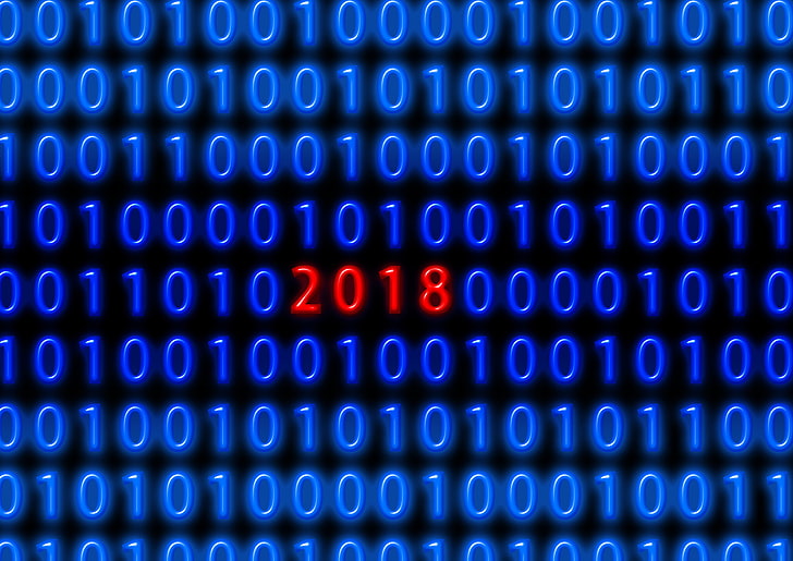 バイナリ、2018（年）、コード、数字、黒の背景、赤、青、新年、輝く、 HDデスクトップの壁紙