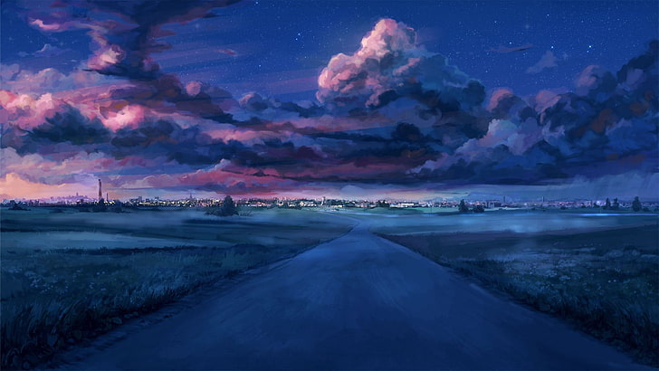 ถนนและเมฆศิลปะดิจิทัลทิวทัศน์ของเมืองเมฆพระอาทิตย์ตกคืนที่เต็มไปด้วยดวงดาวฤดูร้อนนิรันดร์นิยายภาพ Fate Series, วอลล์เปเปอร์ HD
