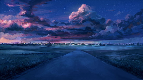 дорога и облака цифровое искусство, городской пейзаж, облака, закат, звездная ночь, вечное лето, визуальный роман, серия судьбы, HD обои HD wallpaper