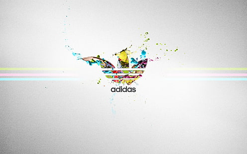 logo adidas, kolor, pasek, napis, sport, logo, szare tło, adidas, firma, Tapety HD HD wallpaper