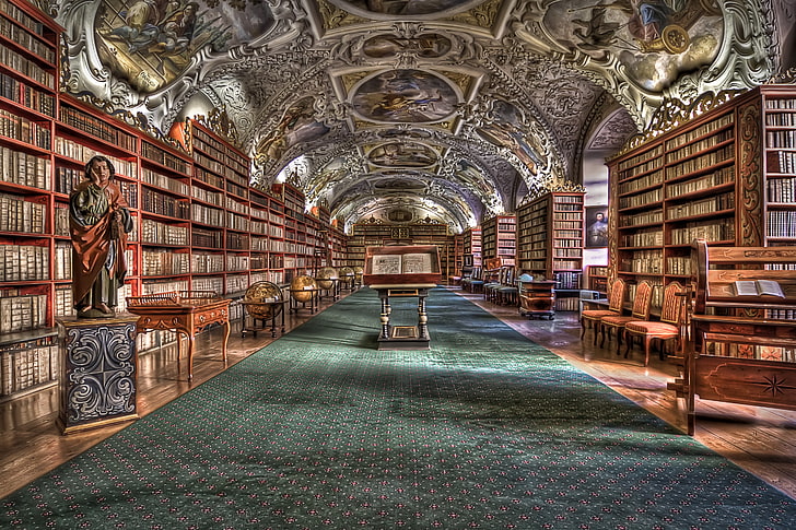коричневые деревянные книжные полки, Страговский монастырь, Прага, HDR, HD обои