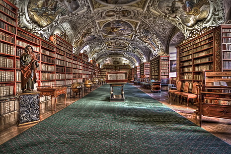 кафяви дървени рафтове за книги, манастир Страхов, Прага, HDR, HD тапет HD wallpaper