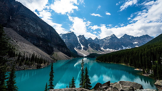 푸른 나무, 낮 동안 검은 돌 형성과 푸른 나무의 풍경 사진, 산, 풍경, 자연, 호수, 레이크 루이스, 캐나다, 빙퇴석 호수, HD 배경 화면 HD wallpaper
