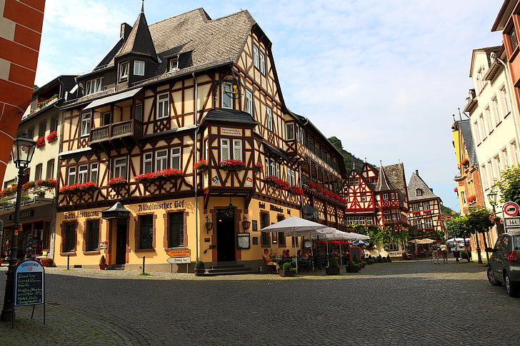 white patio umbrella, intersections, villages, Germany, HD wallpaper