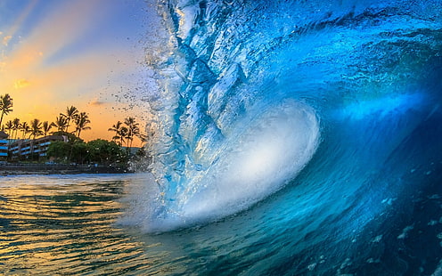 paisaje, edificio, olas, naturaleza, playa, Hawai, palmeras, agua, azul, mar, rayos de sol, Fondo de pantalla HD HD wallpaper