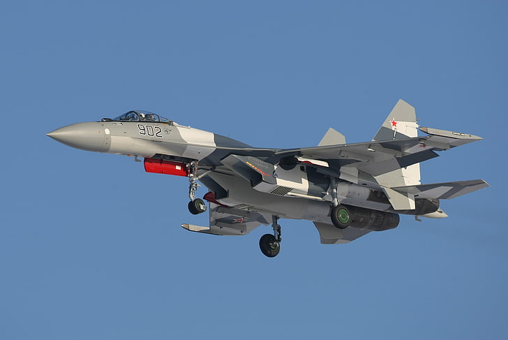 jet da combattimento grigio e bianco, Fighter, L'aeronautica russa, SU-35S, Sfondo HD
