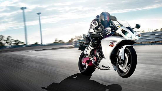 белый спортивный мотоцикл Yamaha, мотоцикл, Yamaha YZF, автомобиль, гоночные трассы, гонки, HD обои HD wallpaper