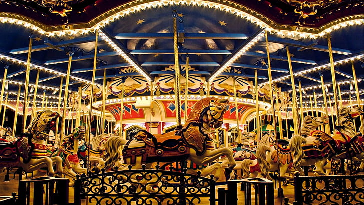 On A Wonderful Carousel, paint, horses, fence, carousel, lights, nature and landscapes, HD wallpaper