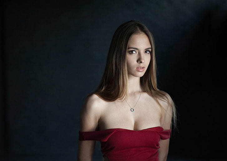 women's red off-shoulder top, Victoria Lukina, women, model, face, portrait, red dress, simple background, HD wallpaper