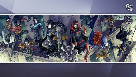 DC Justice League poster, untitled, Batman, DC Comics, Robin (character), Batwoman, Batgirl, Nightwing, Red Robin, Gotham City, Red Hood, Robin III, artwork, HD wallpaper HD wallpaper