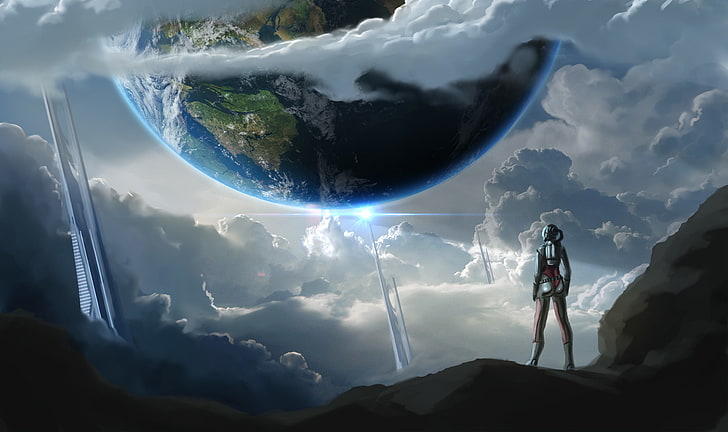 karakter anime di bawah planet bumi wallpaper, masa depan, fiksi, planet, seni, Bumi, Sci-fi, Wallpaper HD