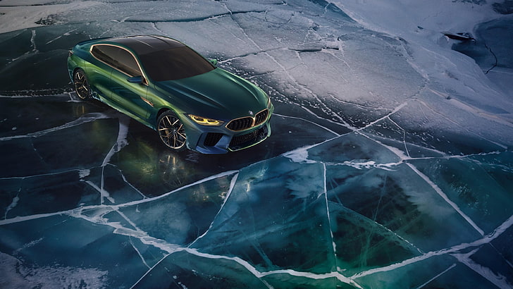 bmw, car, concept, bmw m8, gran coupe, coupe, vehicle, green car, ice, HD wallpaper