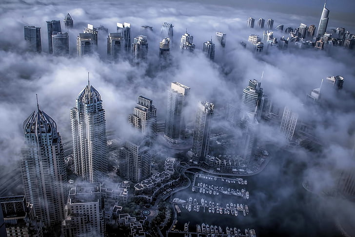 dubai, fog, skyscrapers, uae, HD wallpaper