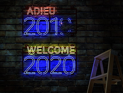 neon, Нова година, 2019 (Година), 2020 (Година), числа, HD тапет HD wallpaper