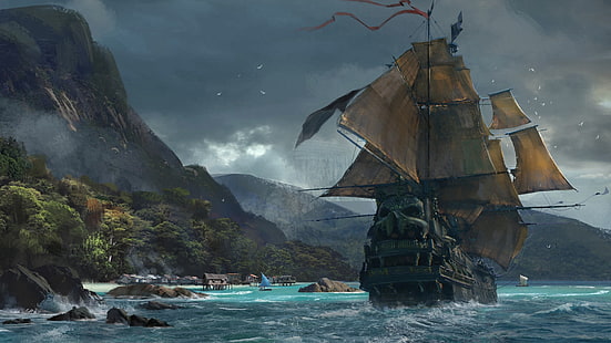 jogos de vídeo, navio, mar, ilha, caveira e ossos, HD papel de parede HD wallpaper