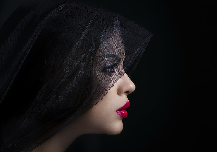 face, women, model, red lipstick, black background, dark, portrait, profile, HD wallpaper