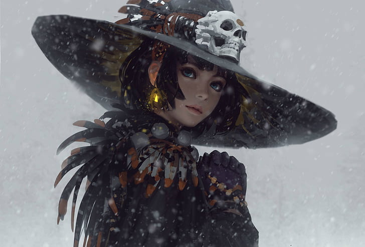 snow, haircut, skull, feathers, blue eyes, grey background, earring, in the hat, portrait of a girl, seals, Guweiz, HD wallpaper
