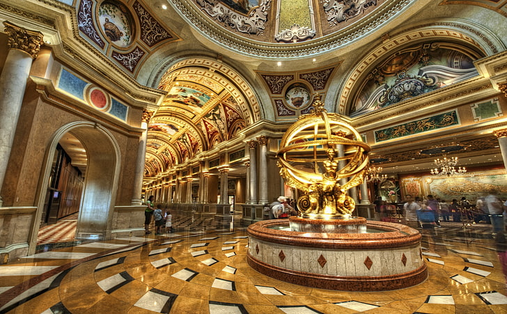 Lobby Of The Venetian, gold and brown indoor fountain, Architecture, Interior, Luxury, las vegas, Hotel, lobby, Venetian, HD wallpaper