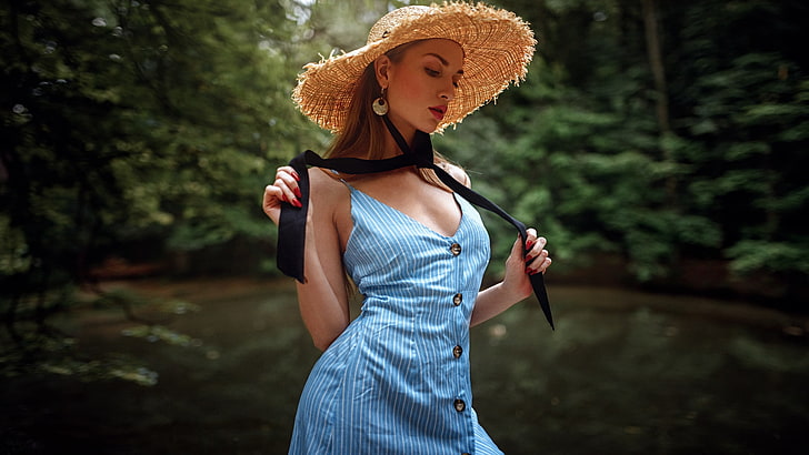 topi, Georgy Chernyadyev, wanita, gaun biru, potret, Wallpaper HD