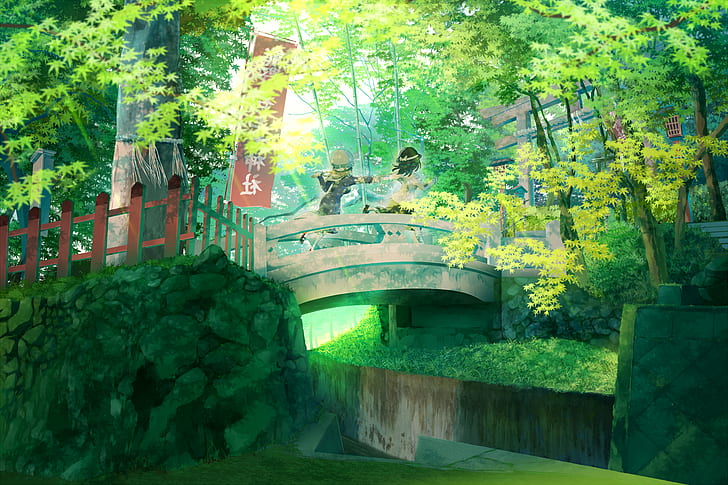 black, forest, girls, green, hair, han, hat, hmmuk, landscape, maribel, renko, scenic, shinta, torii, touhou, tree, usami, HD wallpaper