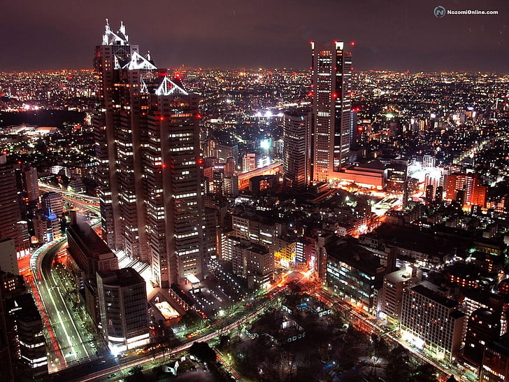 야간, 도시 풍경, 도시, 밤, 조명, 건물, 도쿄 도청 전망대, 도쿄 동안 검은 하늘 아래 도시의 스카이 라인의 항공보기, HD 배경 화면