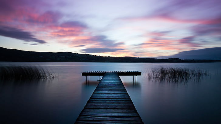 Dock Lake Sunset HD, черни и сиви дървени докове, природа, залез, езеро, док, HD тапет