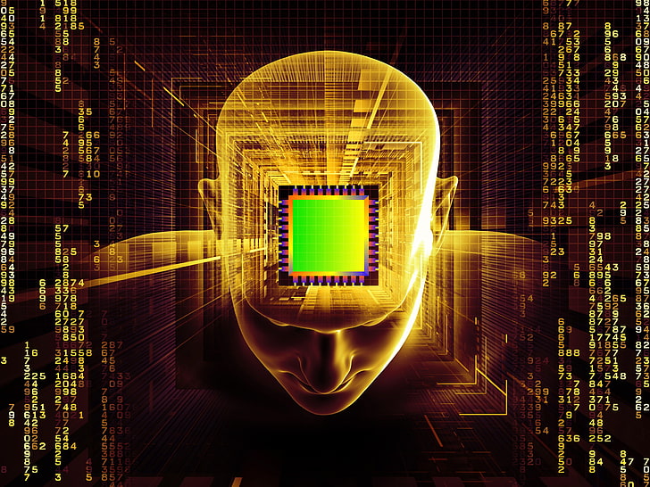 artwork, microchip, technology, numbers, head, x-rays, square, hologram, computer code, HD wallpaper