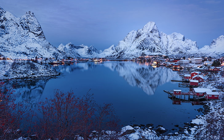 коричневые деревья, природа, синий, Норвегия, горы, пейзаж, снег, озеро, спокойствие, отражение, HD обои