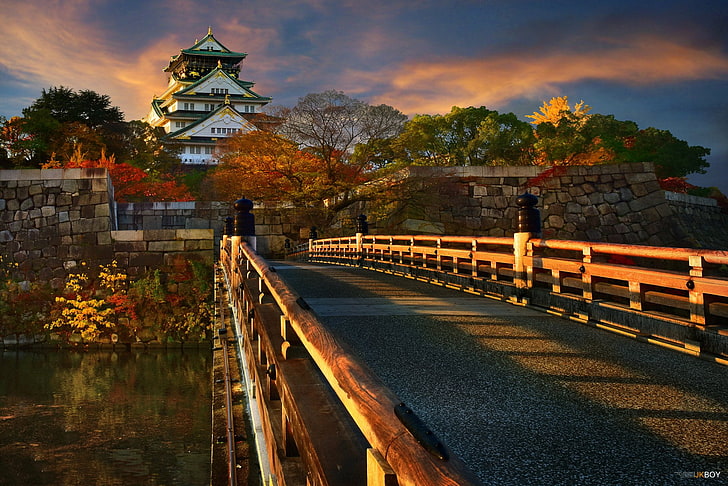 Kastil, Istana Osaka, Jembatan, Musim Gugur, Jepang, Osaka, Wallpaper HD