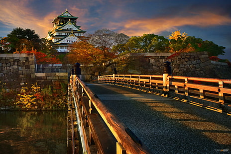 Замъци, замък Осака, мост, есен, Япония, Осака, HD тапет HD wallpaper
