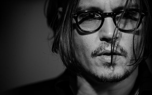 Johnny Depp, johnny depp, actor, face, glasses, beard, black white, HD wallpaper HD wallpaper