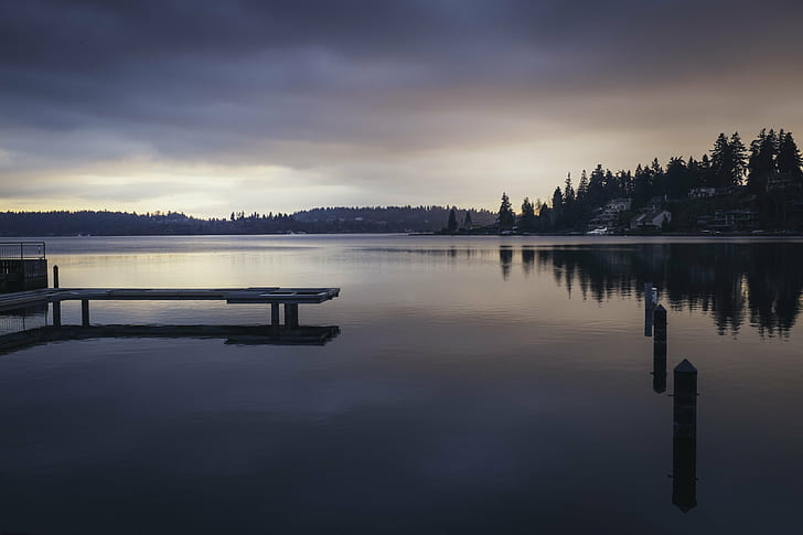calm body of water with wooden dock surrounded with tall trees, lakeside, Explored, calm, body of water, wooden, dock, tall, trees, Fujifilm X100s, seattle, sunset  lake, winter, reflection, lake, nature, water, sky, sunset, outdoors, landscape, scenics, tranquil Scene, HD wallpaper