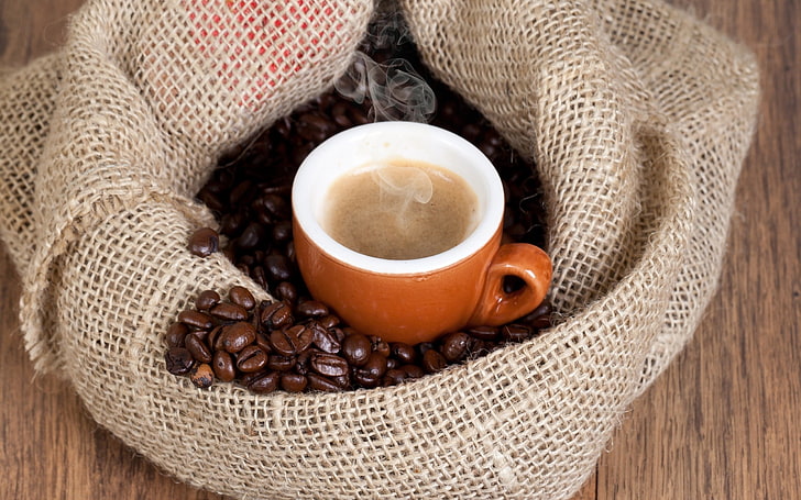 cangkir kopi keramik coklat dan putih, uap, kopi, cangkir, panas, minuman, Wallpaper HD
