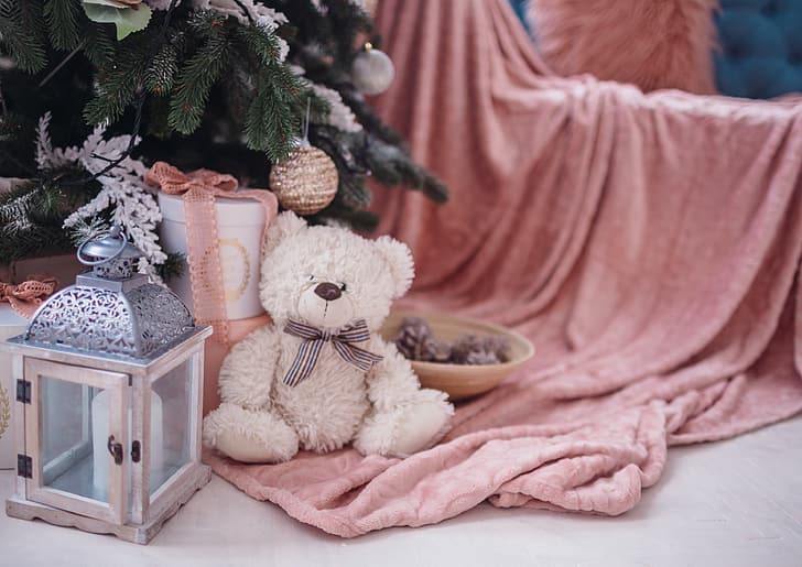 decoration, balls, tree, New Year, Christmas, gifts, design, pink, gift, room, interior, home, teddy bear, lantern, Merry, fir tree, HD wallpaper