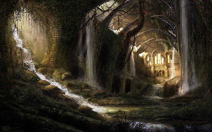 Wasserfälle malen, Kunstwerke, Fantasy-Kunst, aufgegeben, HD-Hintergrundbild