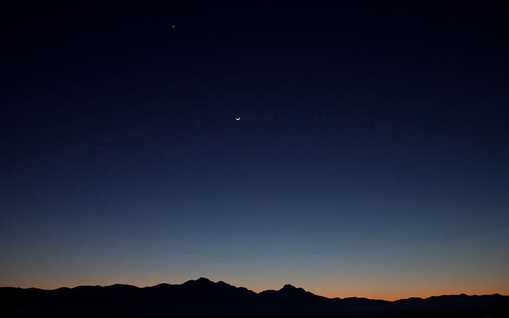 svart platt bildskärm, solnedgång, himmel, måne, landskap, natur, HD tapet