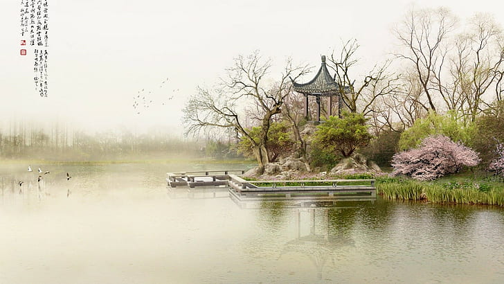 Arquitectura asiática, pintura, lago, flor de cerezo, arte japonés, pato, Fondo de pantalla HD
