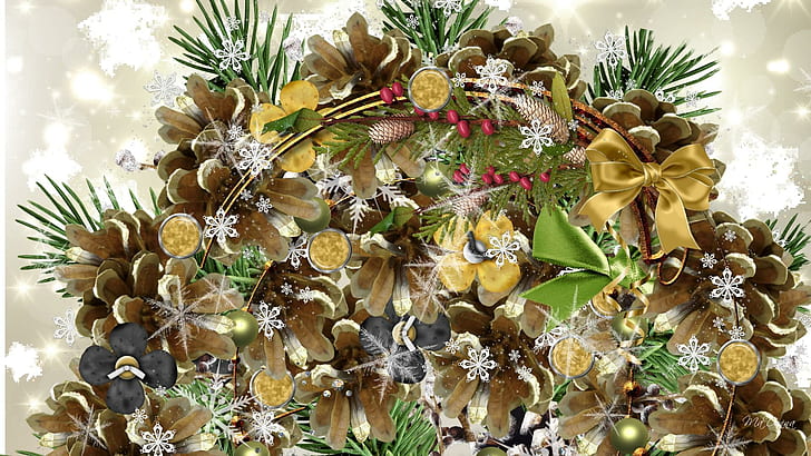 Cones Flakes, new year, berries, snowflakes, christmas, tree, spruce, pinecones, winter, holiday, 3d and abstrac, HD wallpaper