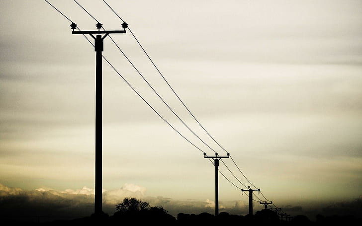 Power lines, black electrical poles, photography, 1920x1200, electricity, HD wallpaper
