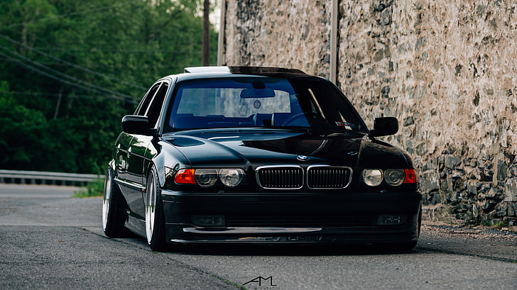 black BMW 325i, BMW, stance, E38, HD wallpaper
