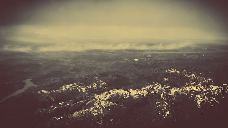white clouds, mountains, nature, sepia, landscape, HD wallpaper