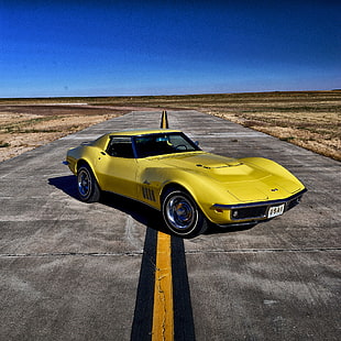 желтый Chevrolet Corvette C2 купе, шевроле, корвет, 1969, желтый, HD обои HD wallpaper