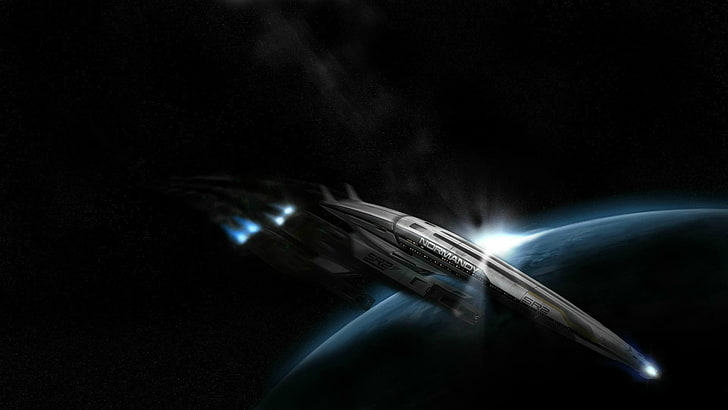 nave espacial no espaço sideral, Mass Effect, Normandia SR-2, HD papel de parede