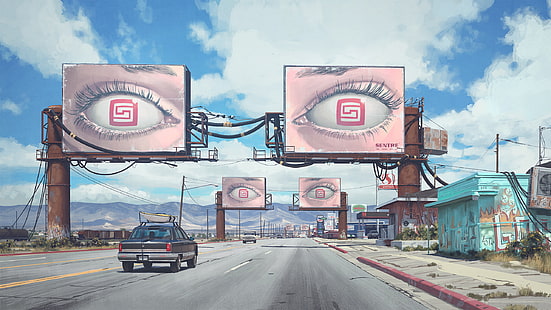 konstverk, väg, cyberpunk, bil, fordon, skylt, urban, futuristisk, Simon Stålenhag, HD tapet HD wallpaper