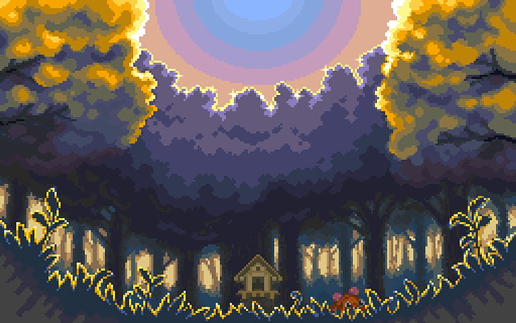 серый дом в окружении высоких деревьев иллюстрация, покемон, видеоигры, пиксель арт, пиксели, HD обои