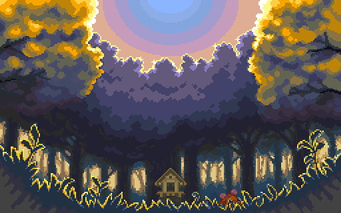 casa grigia circondata da alberi ad alto fusto illustrazione, Pokémon, videogiochi, pixel art, pixel, Sfondo HD HD wallpaper